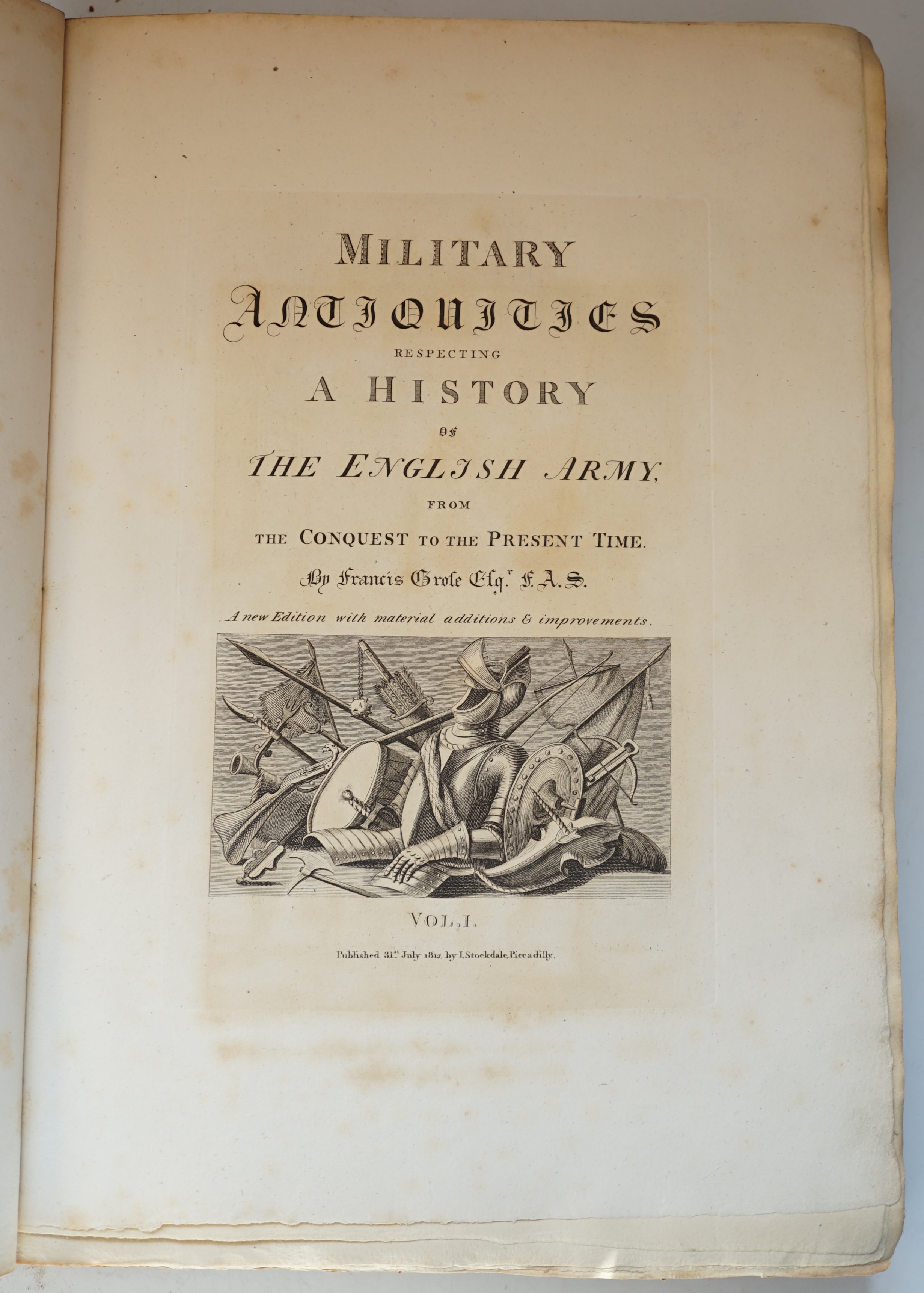 Grose, Francis - Military Antiquities Respecting a History of the English Army.....new edition with material additions and improvements, 2 vols. pictorial engraved titles and 114 copper engraved plates; later 19th cent.